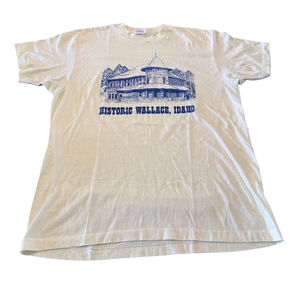 Vintage Hanes Fifty-Fifty T-Shirt Historic Wallace Idaho‎ Graphic Yellow Large